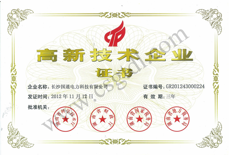 國(guó)通電力高新技術(shù)企業(yè)證書